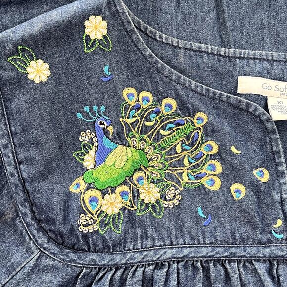 Go Softly Chambray Denim Patio Dress Zip Front Embroidered Pockets Womens XL - Picture 7 of 9